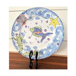 Signed Hand Painted Pottery Plate With Fish Design